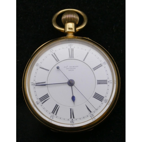 679 - An 18ct gold J. Ramsay, Dundee open face pocket watch with white enamel dial, seconds hand, Roman an... 