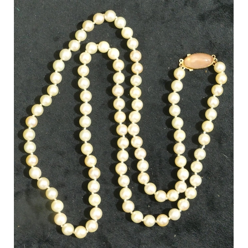 686 - A cultured pearl necklace with 18ct gold clasp, mounted with rose quartz, 84cm long