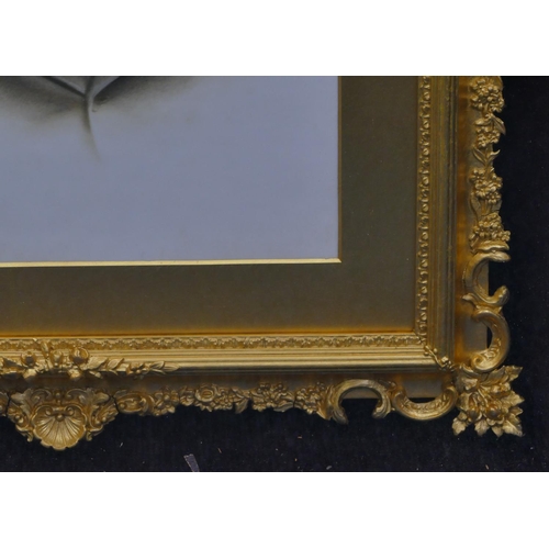 706 - An opaline shoulder length portrait of a gentleman in fine gilt frame with raised floral and leaf de... 