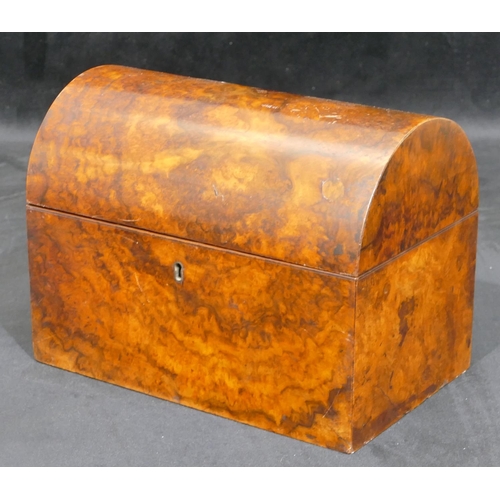 708 - A burgh walnut dome topped tea caddy with hinged lid enclosing single lidded tea caddy (no glass sug... 