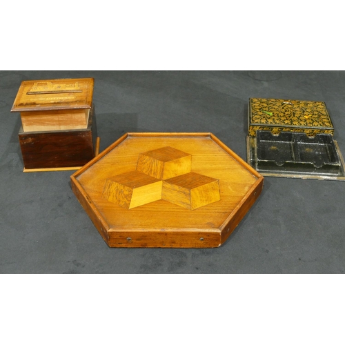 720 - A walnut rectangular shaped box with marquetry figure, cart and cattle decoration, inscribed Madeira... 