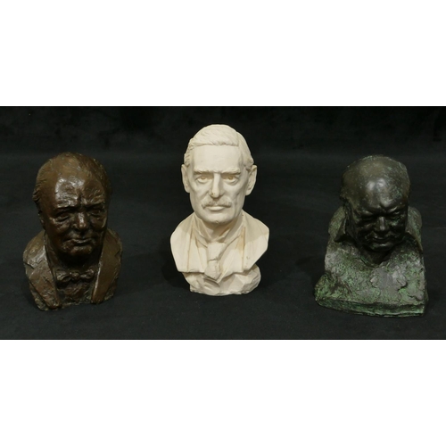 722 - A De La Poer composition bronze bust of Churchill, 15cm high, a similar bust of Churchill, 15cm high... 