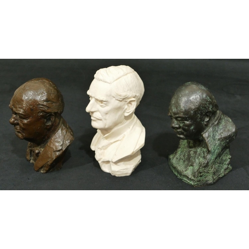 722 - A De La Poer composition bronze bust of Churchill, 15cm high, a similar bust of Churchill, 15cm high... 