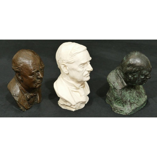 722 - A De La Poer composition bronze bust of Churchill, 15cm high, a similar bust of Churchill, 15cm high... 