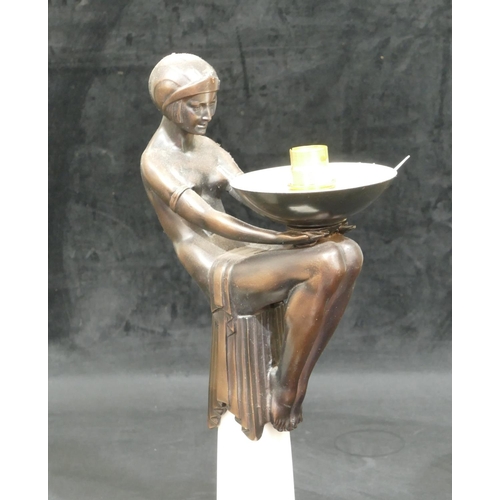 723 - A reproduction Art Deco style table lamp with seated female nude on plinth holding glass globe shade... 