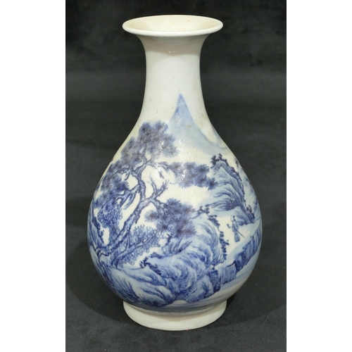 73 - An Oriental round bulbous thin necked trumpet shaped vase on blue and white ground depicting river l... 