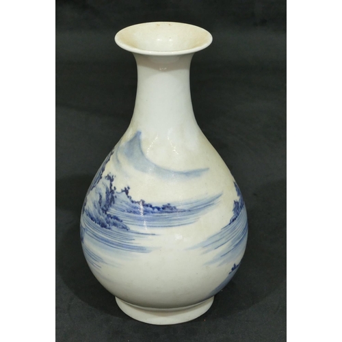 73 - An Oriental round bulbous thin necked trumpet shaped vase on blue and white ground depicting river l... 