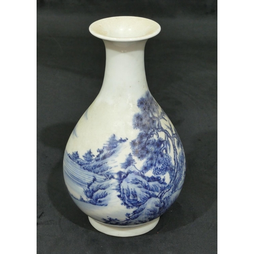 73 - An Oriental round bulbous thin necked trumpet shaped vase on blue and white ground depicting river l... 