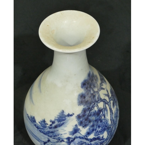 73 - An Oriental round bulbous thin necked trumpet shaped vase on blue and white ground depicting river l... 