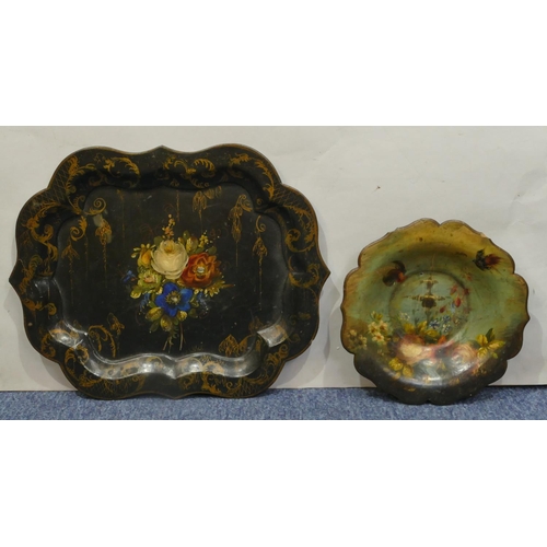 733 - A black lacquered papier mache rectangular scallop shaped tray with hand painted floral, leaf and gi... 