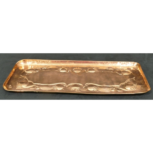 735 - A Newlyn rectangular shaped copper tray with embossed centre, 44cm wide