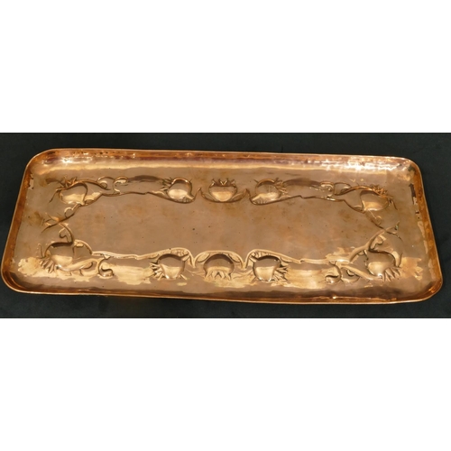 735 - A Newlyn rectangular shaped copper tray with embossed centre, 44cm wide