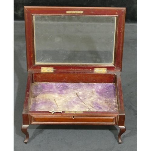 751 - A miniature mahogany table top display cabinet with glass hinged top on cabriole legs (with key), 31... 