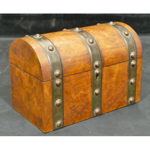 756 - A 19th Century burr walnut dome topped tea caddy with metal banding and studded decoration, hinged l... 