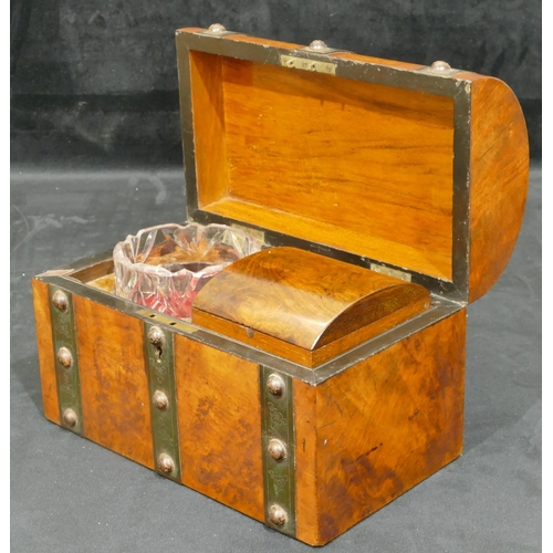 756 - A 19th Century burr walnut dome topped tea caddy with metal banding and studded decoration, hinged l... 