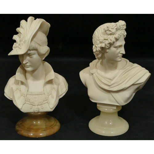 757 - A white composition bust of a gentleman on onyx round base, 23.5cm and a similar bust of lady. (2)