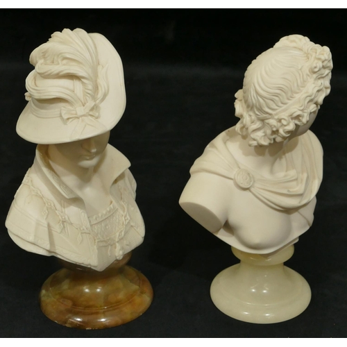 757 - A white composition bust of a gentleman on onyx round base, 23.5cm and a similar bust of lady. (2)