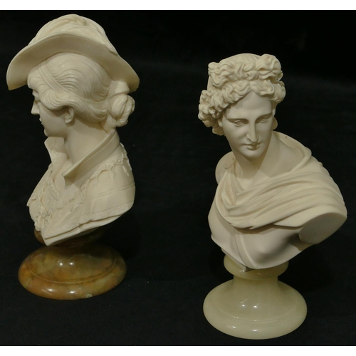 757 - A white composition bust of a gentleman on onyx round base, 23.5cm and a similar bust of lady. (2)