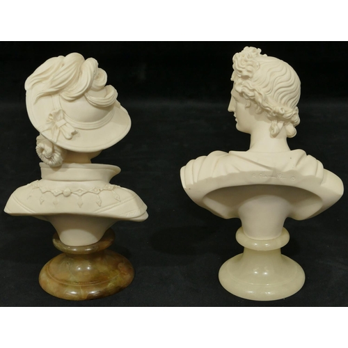 757 - A white composition bust of a gentleman on onyx round base, 23.5cm and a similar bust of lady. (2)