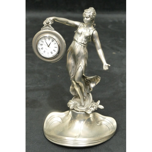 758 - A modern pewter Art Nouveau style figure of a standing lady holding timepiece on splayed base, 19cm ... 