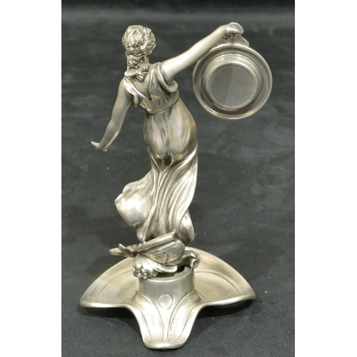 758 - A modern pewter Art Nouveau style figure of a standing lady holding timepiece on splayed base, 19cm ... 