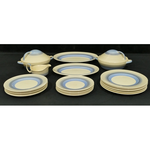 76 - A Susi Cooper Art Deco dinner service on cream and blue ringed ground, pair of round 2-handled lidde... 