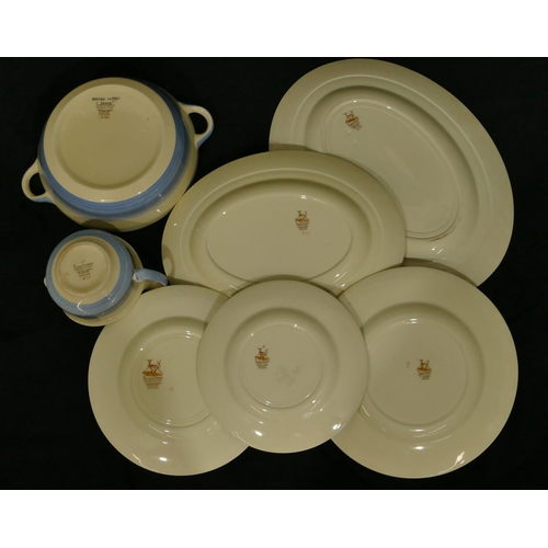 76 - A Susi Cooper Art Deco dinner service on cream and blue ringed ground, pair of round 2-handled lidde... 