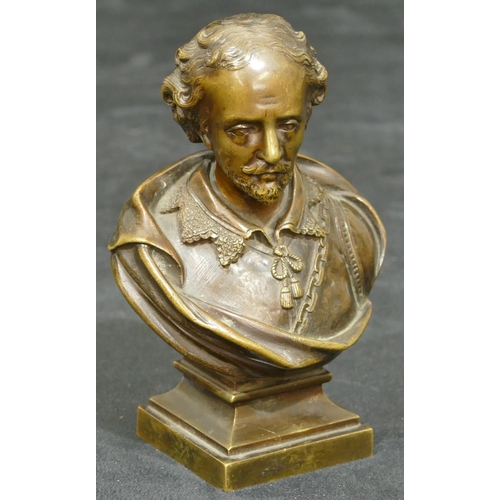 761 - A 19th Century bronze bust of Shakespeare on squared stand, numbered 30572, 14cm high.