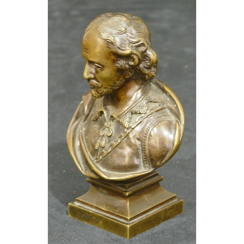 761 - A 19th Century bronze bust of Shakespeare on squared stand, numbered 30572, 14cm high.