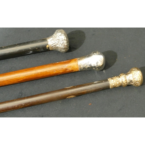 762 - 2 silver topped walking sticks and another similar walking stick. (3)