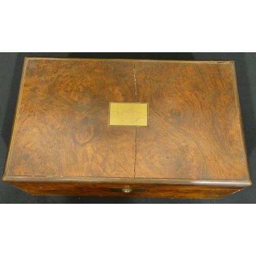 803 - A 19th Century burr walnut rectangular shaped writing box with brass banding, hinged lid enclosing b... 