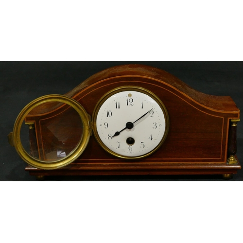 806 - Japy Freres & Co. Edwardian mahogany arch topped timepiece with inlaid stringing, turned column supp... 