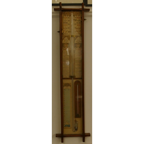 808 - An oak barometer with thermometer, 98cm high, 25cm wide.