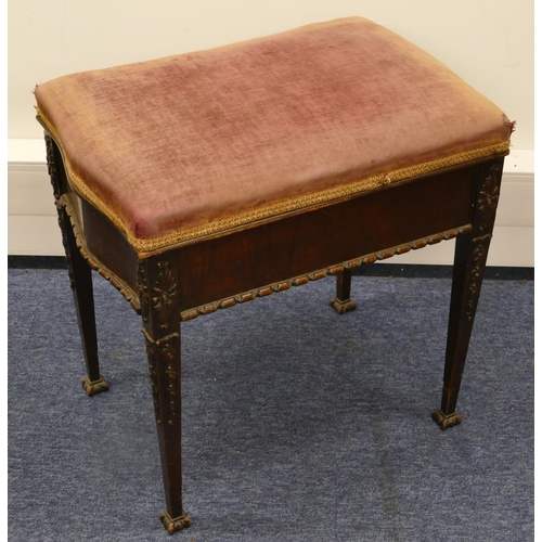 833 - A mahogany rectangular shaped piano stool with hinged overstuffed seat on square tapering legs with ... 