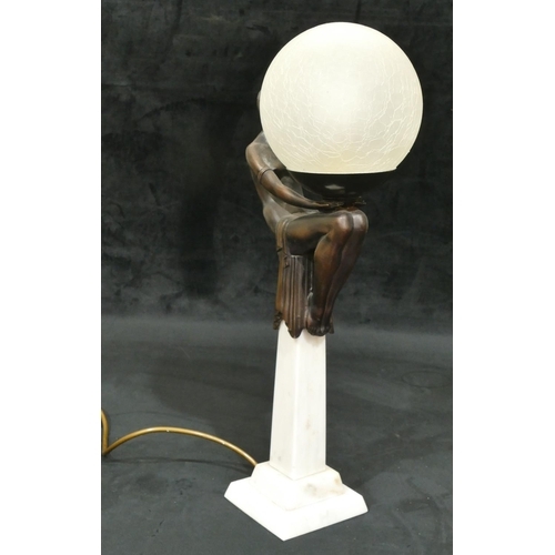 723 - A reproduction Art Deco style table lamp with seated female nude on plinth holding glass globe shade... 