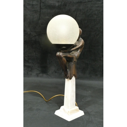 723 - A reproduction Art Deco style table lamp with seated female nude on plinth holding glass globe shade... 