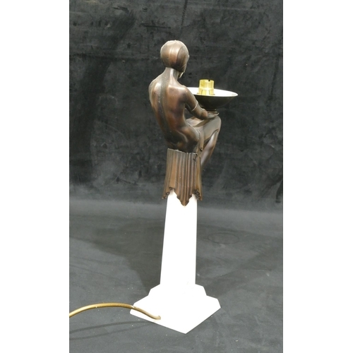 723 - A reproduction Art Deco style table lamp with seated female nude on plinth holding glass globe shade... 