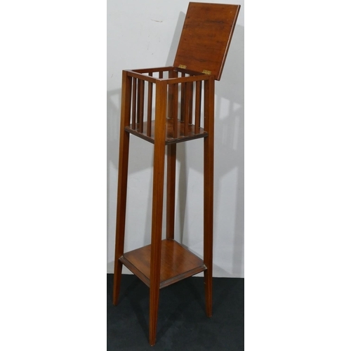 817 - An Edwardian mahogany square Torchere with hinged top, pierced frieze with 2 under tiers and on squa... 