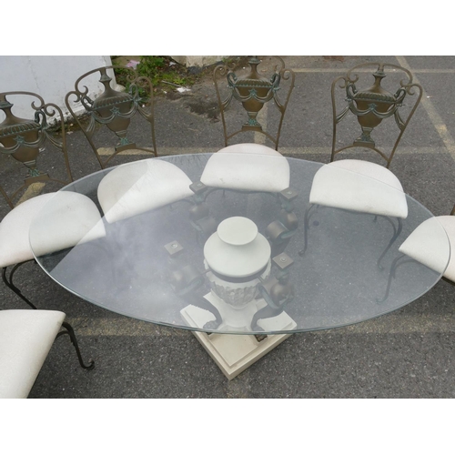 4026 - A heavy metal conservatory style dining table with glass oval top, 76cm high, 149cm long, 89cm wide ... 