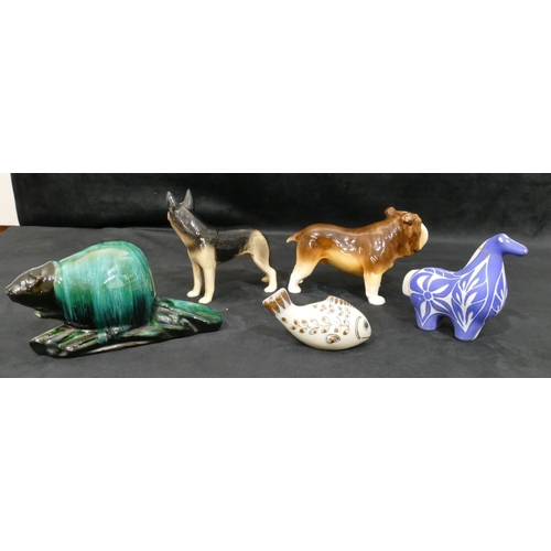 4064 - A Sylvac Alsation, 15cm, a Sylvac figure of a bulldog and 3 other china figures on animals and fish ... 