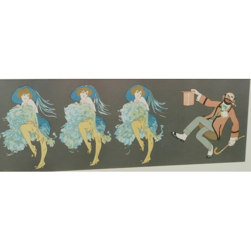 4066 - A coloured print depicting 3 dancers and gentlemen in silvered frame, 29cm x 86cm