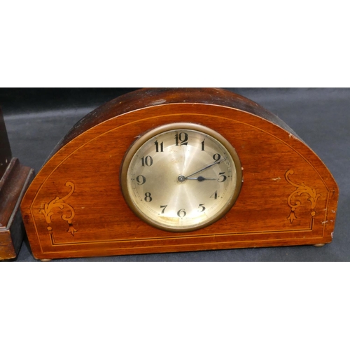 4081 - An Edwardian arch topped timepiece with inlaid scroll and stringing decoration, silvered dial with A... 