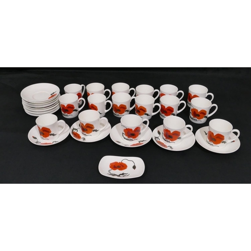 4082 - Wedgwood Susie Cooper Design Cornpoppy set of 17 coffee cups, 17 saucers and 1 small rectangular dis... 