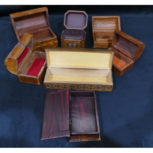 4088 - 7 carved wood and inlaid boxes with hinged lids. (7)