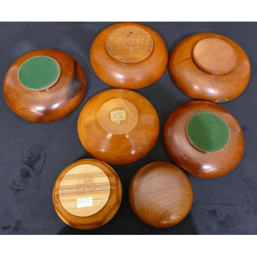 4095 - 7 various wooden bowls 2 made from HMS. Defiance timber. 1 HMS. Ganges 1810 timber and 1 HMS. Iron D... 