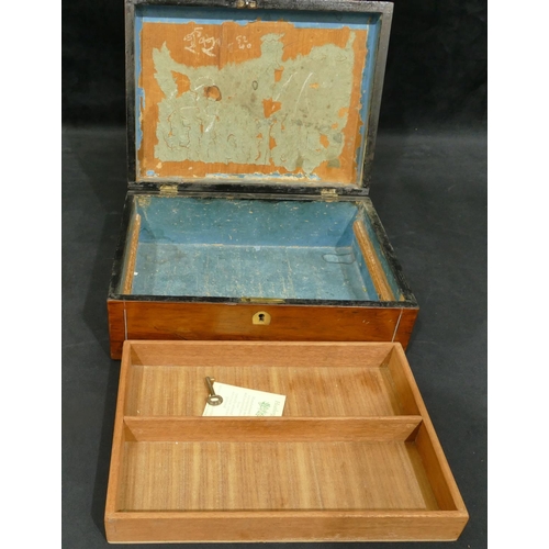 4105 - A rectangular wooden box with hinged lid enclosing lift out tray, 29.5cm wide, 11cm high, 22cm deep.