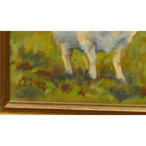 4124 - Oil on board depicting sheep in fields, labelled to back 