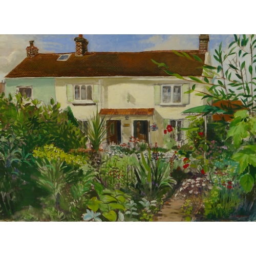 4125 - A framed oil on board depicting cottage and garden, labelled to reverse 