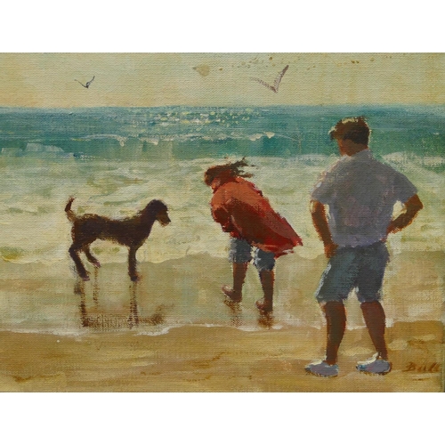 4129 - An unframed canvas of a boy, girl and dog on a beach, signed Bull, 25 x 20cm.