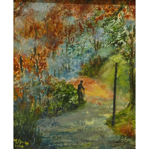 4130 - A framed oil on canvas of a person walking in wood, framed, 38 x 47cm.